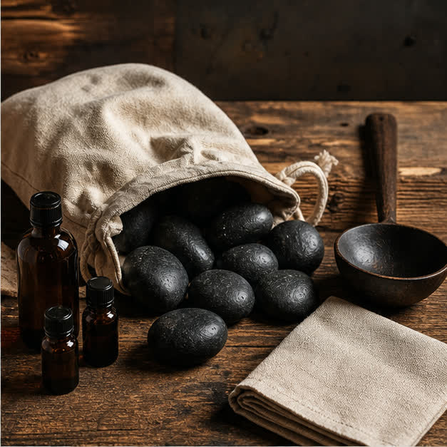 Sauna essentials with stones, essential oils, ladle, and linen towel