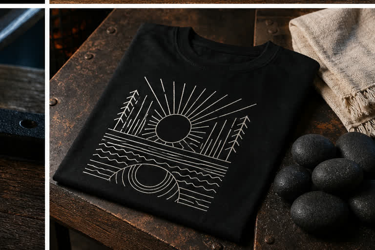 Heavy black sauna T-shirt with bone line-art illustration