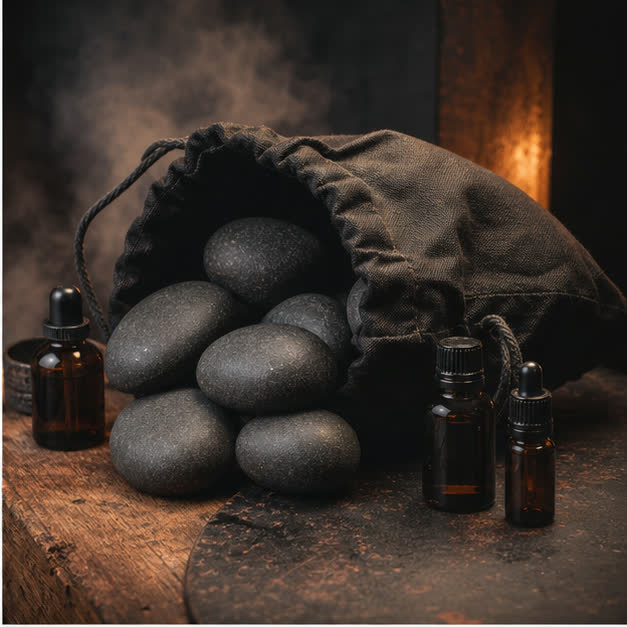 Sauna gift set with rounded basalt stones and amber essential oil bottles