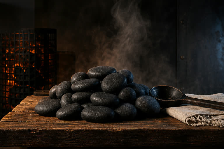 Rounded basalt sauna stones with ladle, linen, and warm wood-fired light