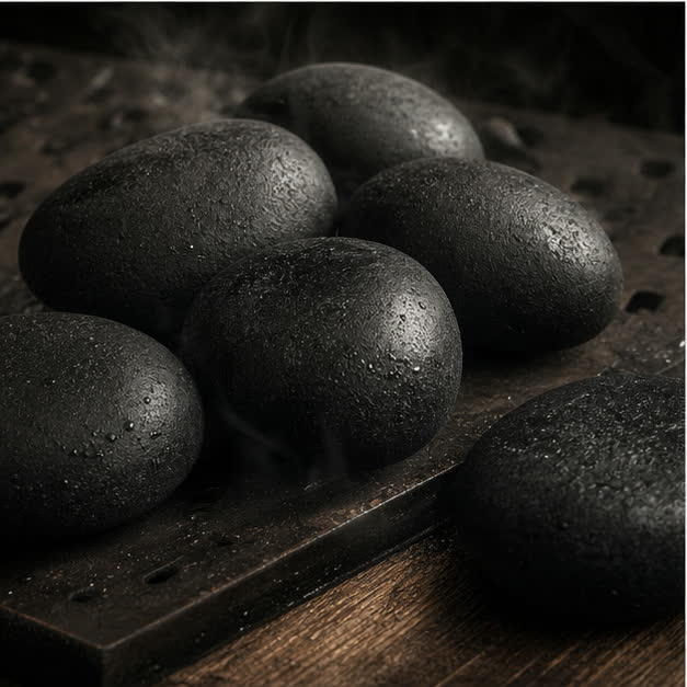 Close view of rounded black basalt sauna stones with water and steam